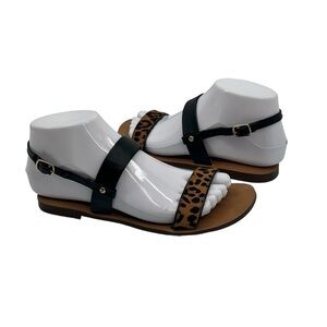 J.Crew Black Brown Leopard Print Calf Hair Double Strap Sandals Size 6 Women’s